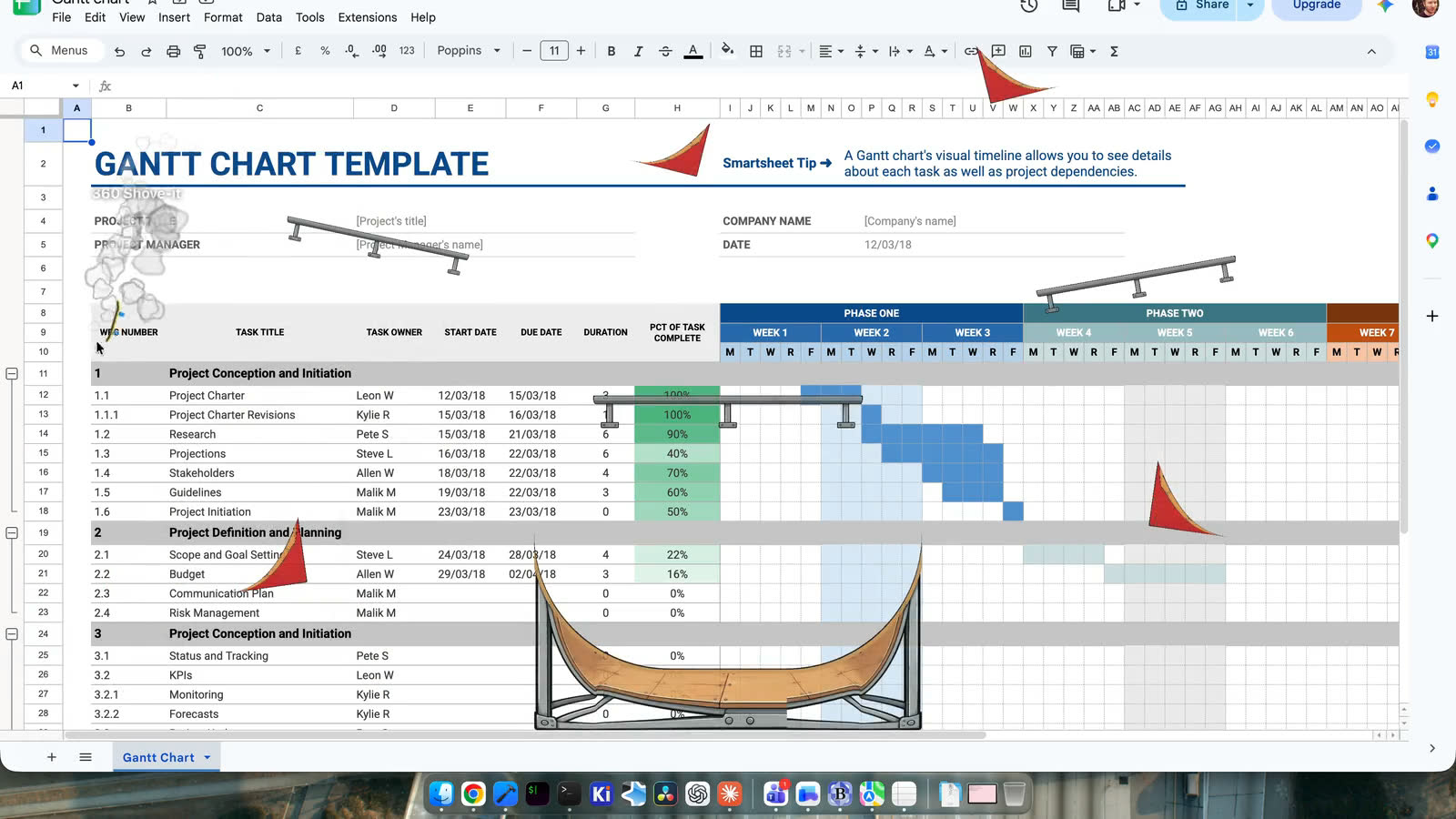 The skatepark drawn over a spreadsheet: ramps, rails and a halfpipe across the window, with the board trailing smoke.