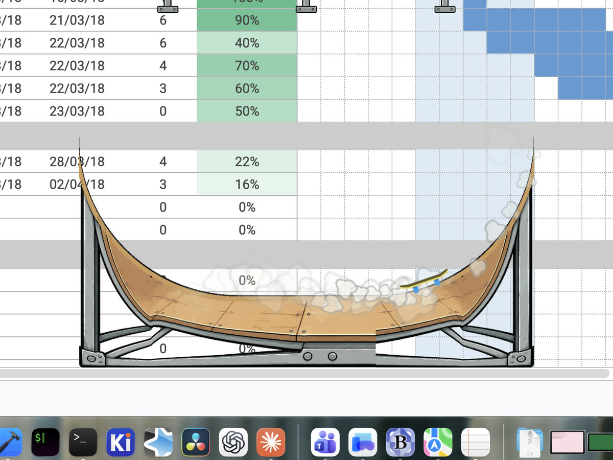 The board carving up the curved transition of a halfpipe, smoke trailing along the flat, drawn over a spreadsheet and the Dock.