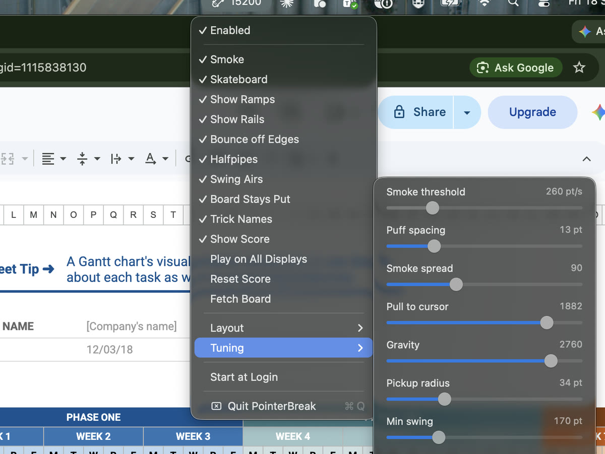 The menu bar item open over a spreadsheet, listing Smoke, Skateboard, Show Ramps, Show Rails and the rest, with the Tuning submenu of sliders beside it.